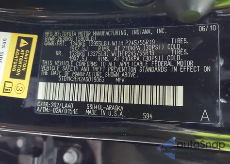 2010 Toyota Highlander Limited V6 from USA, damaged, VIN 5TDYK3EH2AS019063